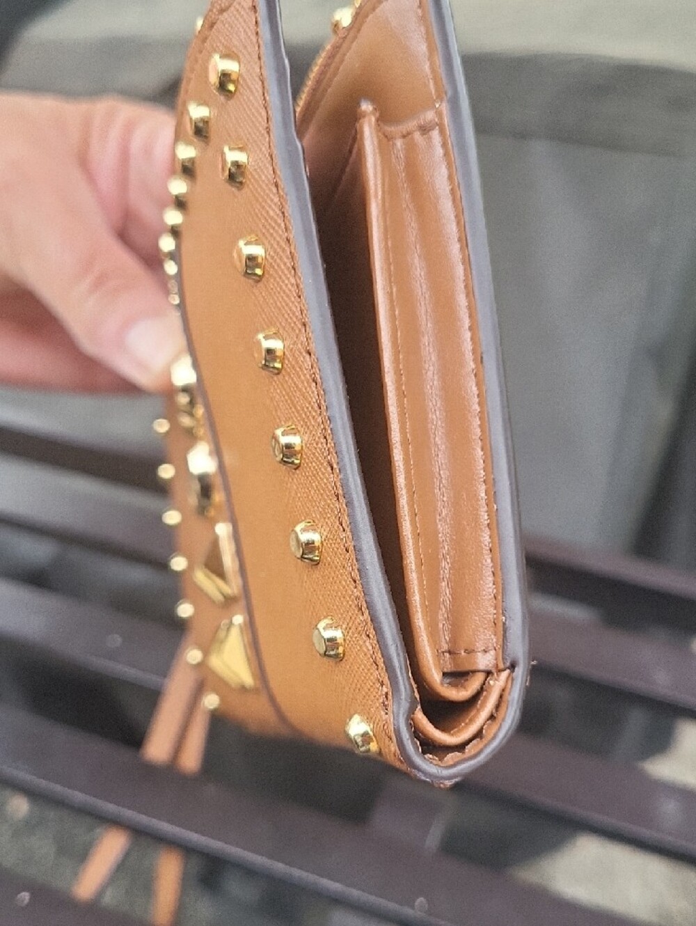 Michael Kors Brown Leather Studded Wristlet Clutch - Picture 15 of 16
